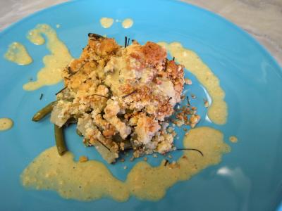 Recette Crumble aux haricots verts et sa crème d'ail