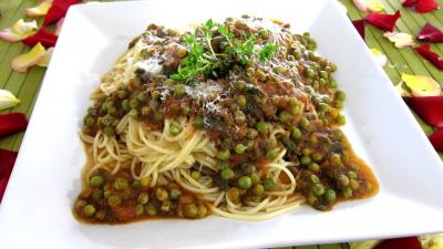 miel : Assiette de spaghettis aux petits pois
