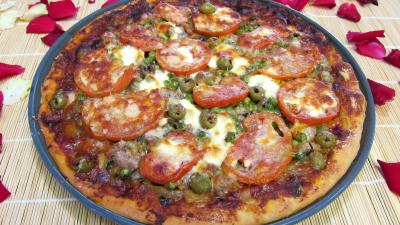 Image : recette Pizza aux petits pois et aubergines