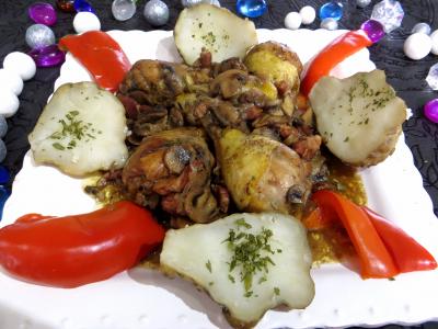 vin rouge : Assiette de pilons de poulet à la bourguignonne