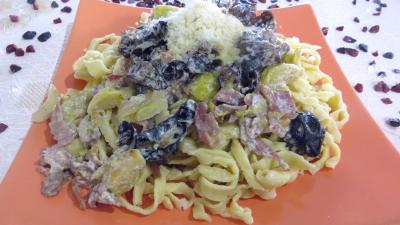 Image : Assiette de tagliatelle au jambon et champignons noirs