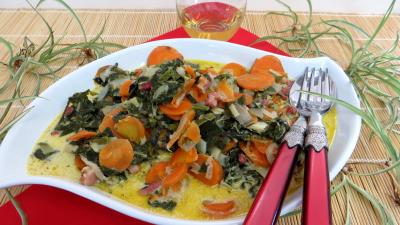 Recettes sans gluten : Assiette de carottes et blettes façon carbonara