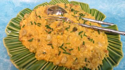 plat sucré salé : Plat de rosotto au safran et aux fèves