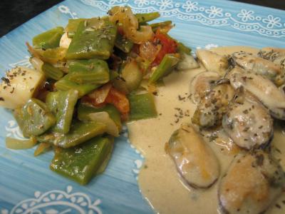Recette Assiette de moules crèmées aux haricots plats