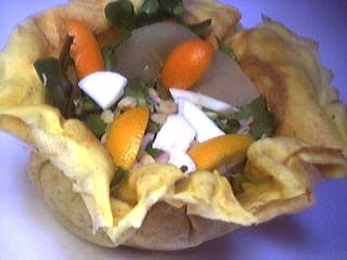 Au micro-ondes : Aumônière de crêpe aux kumquats