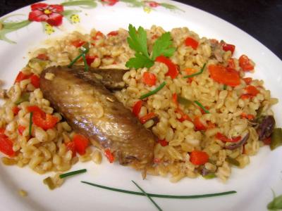 pintade : Plat de blé aux restes de pintade