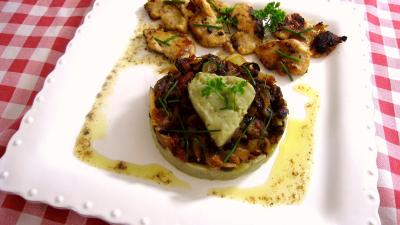 Image : recette Purée d'aubergines et confit d'oignons et de tomates