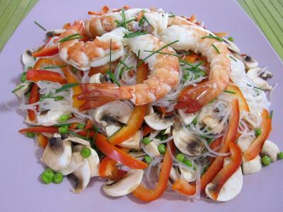 La cuisine des grand-mères : Assiette de vermicelle de riz et crevettes en salade
