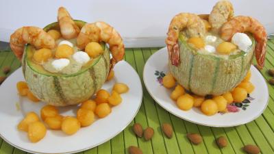 Image : recette Gaspacho de melon au lait d'amandes et gambas